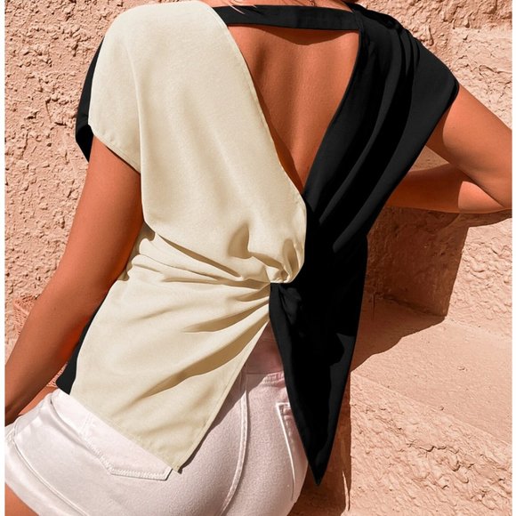 Cut Out Twist Back Batwing Sleeve Blouse Blk/Wht - Picture 3 of 6